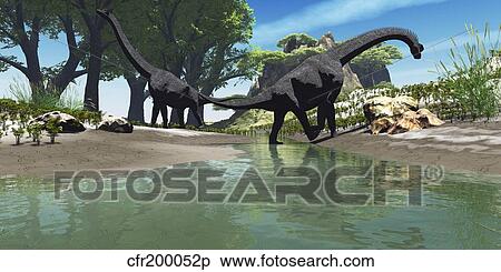 Stock Illustration - Brachiosaurus dinosaurs look for food along the banks of a stream.. Fotosearch