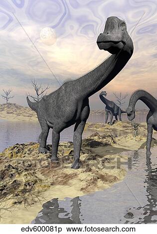 Stock Illustration - Brachiosaurus dinosaurs near water with reflection by sunset and full moon.. Fotosearch