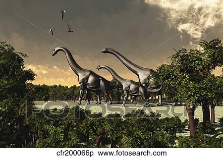 Stock Illustration - Brachiosaurus dinosaurs walk through a forested area.. Fotosearch