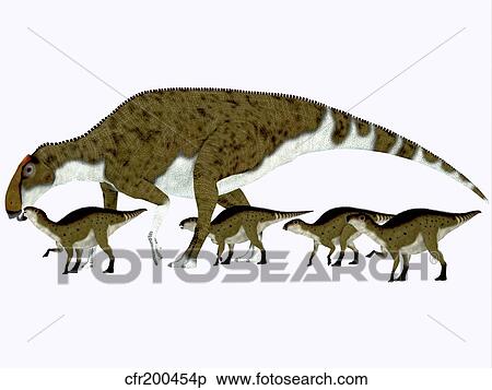 Stock Illustration - Brachylophosaurus with offspring.. Fotosearch