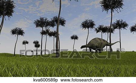 Stock Illustration - Brachytrachelopan walking across a grassy field.. Fotosearch