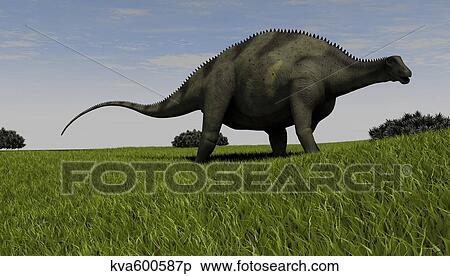 Stock Illustration - Brachytrachelopan walking across prehistoric grasslands.. Fotosearch