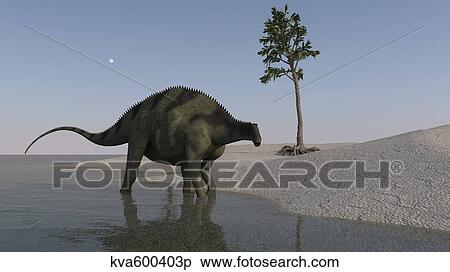 Stock Illustration - Brachytrachelopan walking along shallow water.. Fotosearch