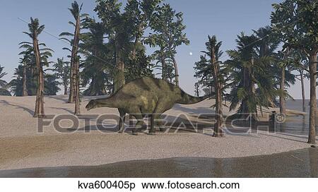 Stock Illustration - Brachytrachelopan walking along the shoreline.. Fotosearch