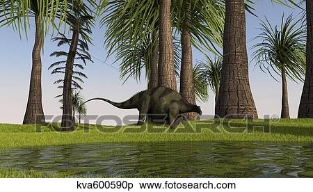 Stock Illustration - Brachytrachelopan walking along the edge of a swamp.. Fotosearch