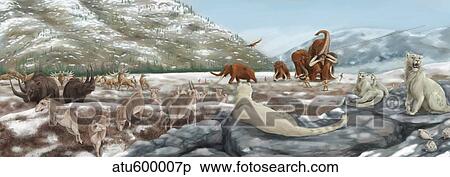 Stock Illustration - British landscape with various prehistoric animals.. Fotosearch