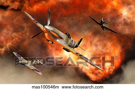 Stock Illustration - British Supermarine Spitfires bursting through explosive flames.. Fotosearch