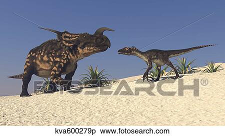 Brown Einiosaurus and a Utahraptor confront each other face-to-face. View Large Illustration Stock Illustration - Brown Einiosaurus and a Utahraptor confront each other face-to-face.. Fotosearch