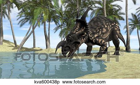 Stock Illustration - Brown Einiosaurus drinking from shallow waters.. Fotosearch