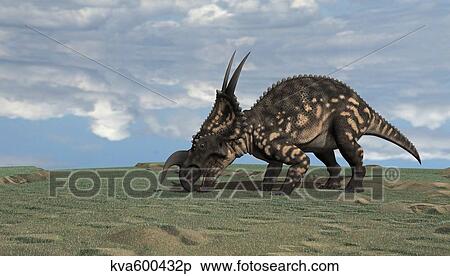 Stock Illustration - Brown Einiosaurus grazing an open field.. Fotosearch