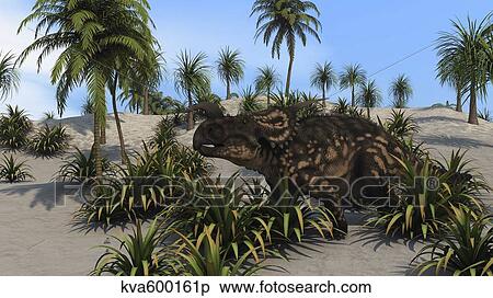 Brown Einiosaurus in a tropical setting. View Large Illustration Stock Illustration - Brown Einiosaurus in a tropical setting.. Fotosearch