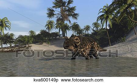 Brown Einiosaurus in shallow water. View Large Illustration Stock Illustration - Brown Einiosaurus in shallow water.. Fotosearch