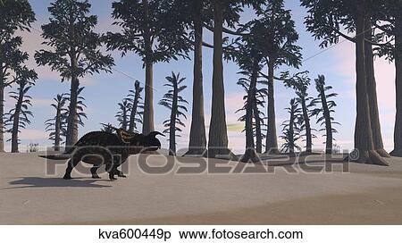 Brown Einiosaurus roaming a prehistoric landscape. View Large Illustration Stock Illustration - Brown Einiosaurus roaming a prehistoric landscape.. Fotosearch