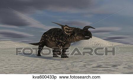Brown Einiosaurus walking across a barren landscape. View Large Illustration Stock Illustration - Brown Einiosaurus walking across a barren landscape.. Fotosearch