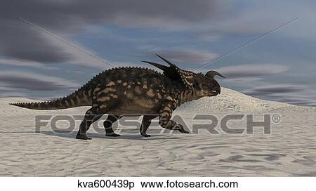 Brown Einiosaurus walking across a desert landscape. View Large Illustration Stock Illustration - Brown Einiosaurus walking across a desert landscape.. Fotosearch