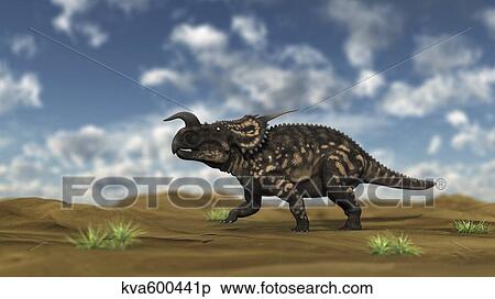 Stock Illustration - Brown Einiosaurus walking across a barren landscape.. Fotosearch