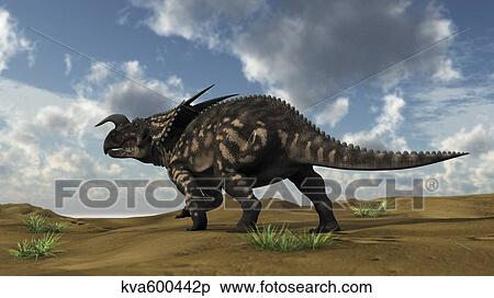Stock Illustration - Brown Einiosaurus walking across a barren landscape.. Fotosearch
