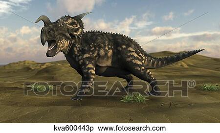 Brown Einiosaurus walking across a barren landscape. View Large Illustration Stock Illustration - Brown Einiosaurus walking across a barren landscape.. Fotosearch