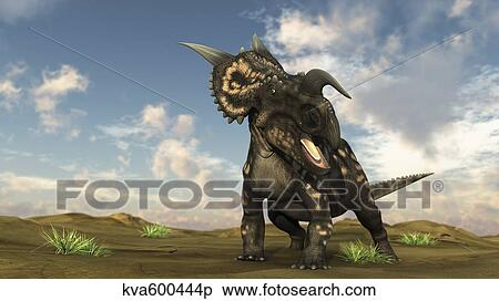 Stock Illustration - Brown Einiosaurus walking across a barren landscape.. Fotosearch