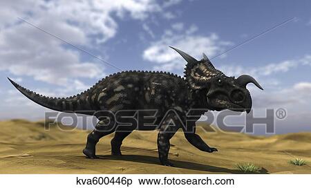 Brown Einiosaurus walking across a barren landscape. View Large Illustration Stock Illustration - Brown Einiosaurus walking across a barren landscape.. Fotosearch