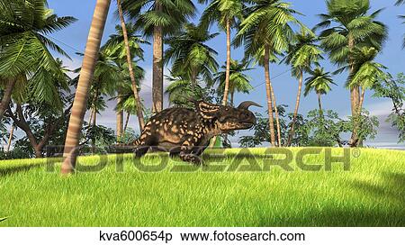 Brown Einiosaurus walking across a grassy field. View Large Illustration Stock Illustration - Brown Einiosaurus walking across a grassy field.. Fotosearch