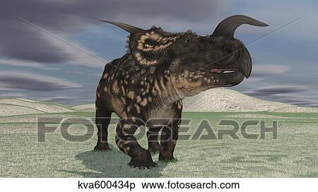 Brown Einiosaurus walking across an open field. View Large Illustration Stock Illustration - Brown Einiosaurus walking across an open field.. Fotosearch