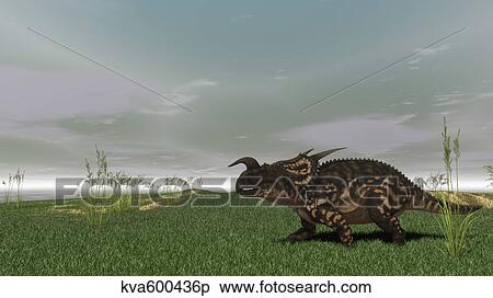 Stock Illustration - Brown Einiosaurus walking across prehistoric grasslands.. Fotosearch