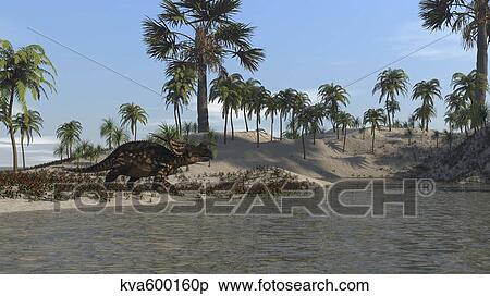 Stock Illustration - Brown Einiosaurus walking along the water's edge.. Fotosearch