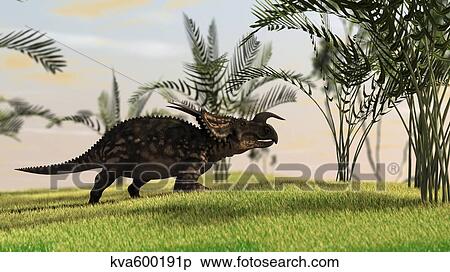 Stock Illustration - Brown Einiosaurus walking in a field.. Fotosearch