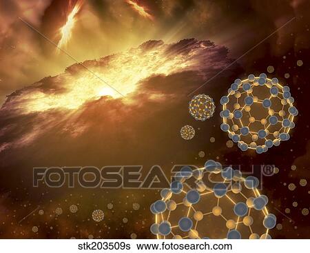 Buckyballs floating in interstellar space near a region of current star-formation. View Large Illustration Stock Illustration - Buckyballs floating in interstellar space near a region of current star-formation.. Fotosearch