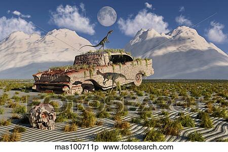 Stock Illustration - Campsognathus dinosaurs explore a fossilized 1950's American Chevrolet.. Fotosearch