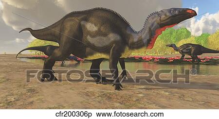 Stock Illustration - Camptosaurus dinosaurs visit a pond to eat and drink.. Fotosearch
