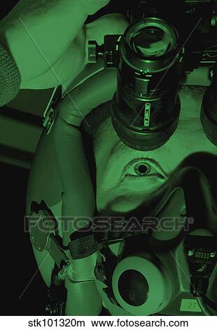 Picture - Captain tests his night vision goggles before a night sortie.. Fotosearch