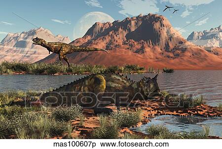 Carnivorous Carnotaurus dinosaurs from the Cretaceous Period. View Large Illustration Stock Illustration - Carnivorous Carnotaurus dinosaurs from the Cretaceous Period.. Fotosearch