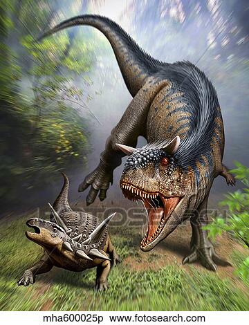 Carnotaurus attacking an Antarctopelta armored dinosaur. View Large Illustration Stock Illustration - Carnotaurus attacking an Antarctopelta armored dinosaur.. Fotosearch