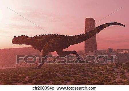Stock Illustration - Carnotaurus running in the early morning light on desert terrain.. Fotosearch