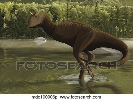 Carnotaurus searching for food in a prehistoric lake. View Large Illustration Stock Illustration - Carnotaurus searching for food in a prehistoric lake.. Fotosearch