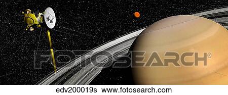 Cassini spacecraft orbiting Saturn and and its moon Titan. View Large Illustration Stock Illustration - Cassini spacecraft orbiting Saturn and and its moon Titan.. Fotosearch