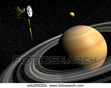 Cassini spacecraft orbiting Saturn and and its moon Titan. View Large Illustration Stock Illustration - Cassini spacecraft orbiting Saturn and and its moon Titan.. Fotosearch