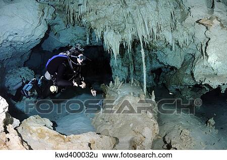 Stock Photograph - Cavern diver in Dos Ojos cenote system, Yucatan Peninsula Mexico.. Fotosearch