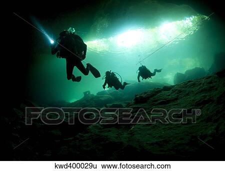 Cavern divers enter cenote system in Mexico's Yucatan Peninsula. View Large Photo Image Stock Photograph - Cavern divers enter cenote system in Mexico's Yucatan Peninsula.. Fotosearch