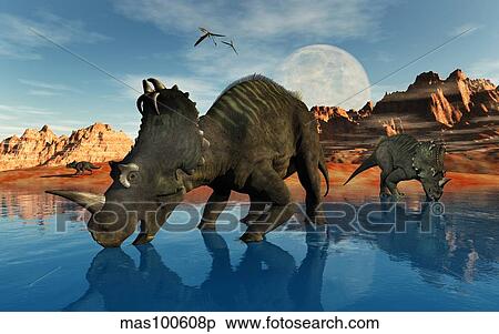 Stock Illustration - Centrosaurus dinosaurs grazing at a watering place.. Fotosearch