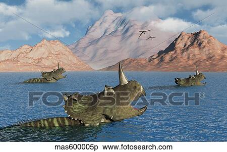 Centrosaurus dinosaurs migrating across a river View Large Illustration Stock Illustration - Centrosaurus dinosaurs migrating across a river. Fotosearch