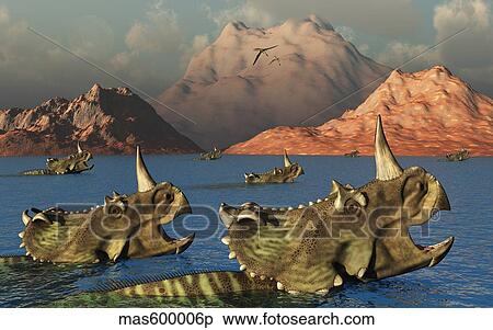Stock Illustration - Centrosaurus dinosaurs migrating across a river. Fotosearch