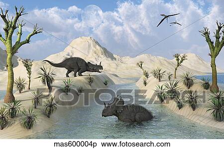 Centrosaurus dinosaurs relaxing in a Cretaceous landscape. View Large Illustration Stock Illustration - Centrosaurus dinosaurs relaxing in a Cretaceous landscape.. Fotosearch