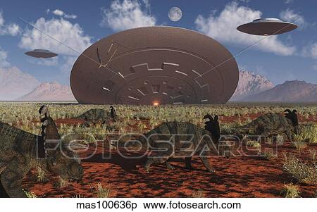 Centrosaurus dinosaurs walk past a UFO stuck in the ground. View Large Illustration Stock Illustration - Centrosaurus dinosaurs walk past a UFO stuck in the ground.. Fotosearch