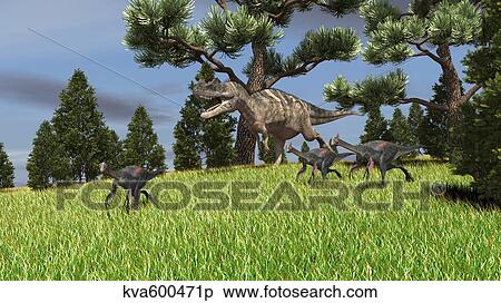 Ceratosaurus chasing a group of Gigantoraptors. View Large Illustration Stock Illustration - Ceratosaurus chasing a group of Gigantoraptors.. Fotosearch