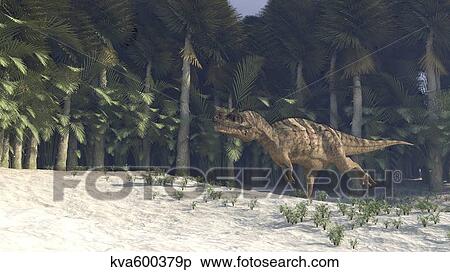 Stock Illustration - Ceratosaurus hunting in a prehistoric environment.. Fotosearch