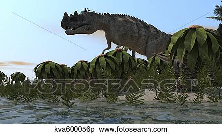 Stock Illustration - Ceratosaurus hunting in prehistoric wetlands.. Fotosearch