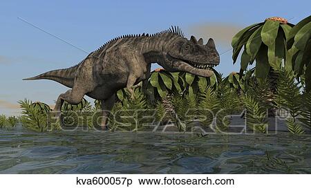 Stock Illustration - Ceratosaurus hunting in prehistoric wetlands.. Fotosearch